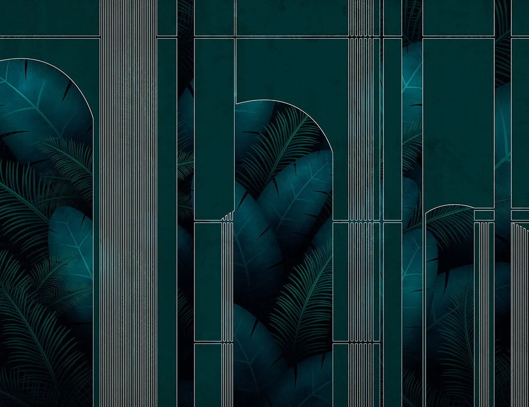 Dark tropical wall mural with leaves and geometrical linear arches