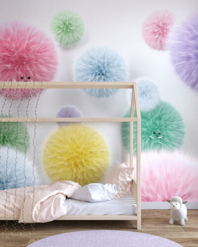 Colorful fluffy monster balls wall mural for a children's room