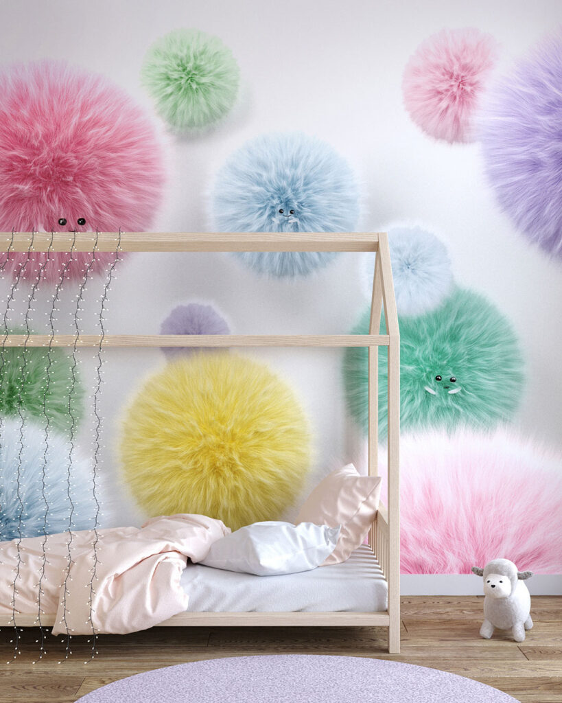 Colorful fluffy monster balls wall mural for a children's room