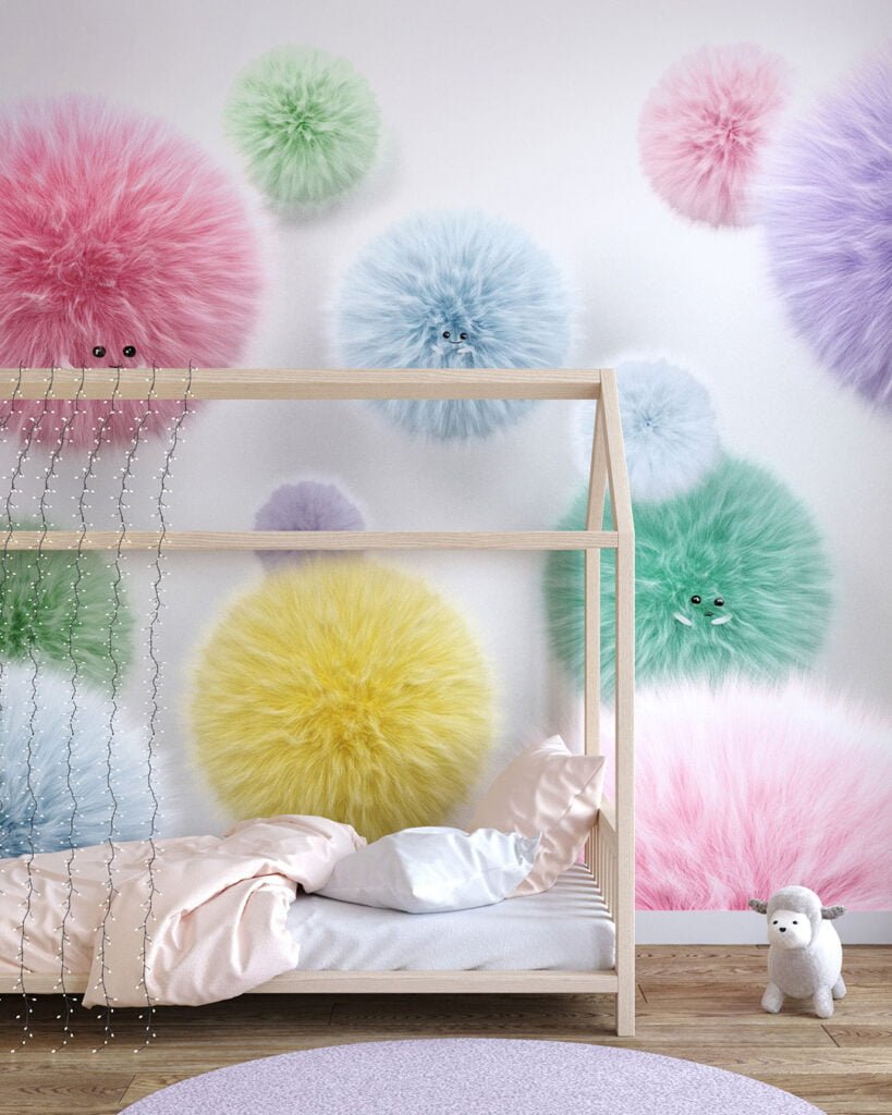 Colorful fluffy monster balls wall mural for a children's room