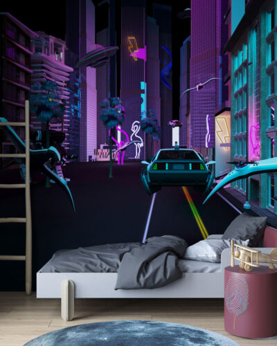 Neon city of the future wall mural for a children's room