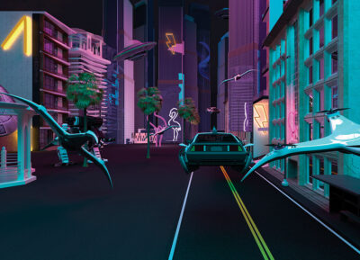 Neon city of the future wall mural