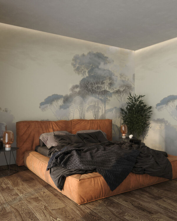 Forest in the morning fog wall mural for the bedroom
