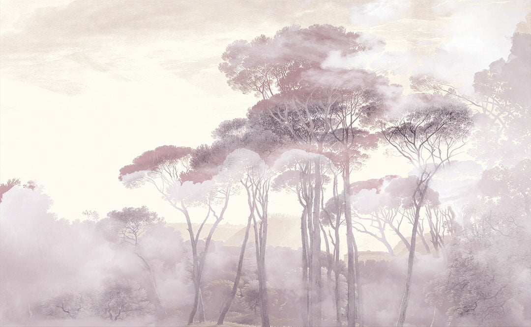 Forest in the morning fog wall mural in pink tones