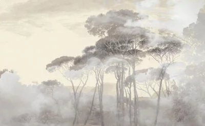 Forest in the morning fog wall mural in beige tones
