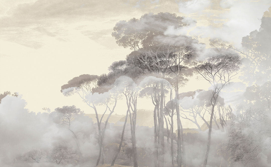 Forest in the morning fog wall mural in beige tones