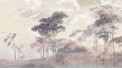 Forest with clouds at sunset wall mural in warm tones