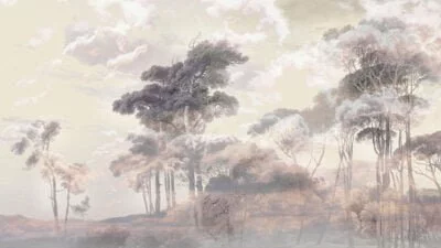 Nature wall mural with forest and clouds at sunset in warm tones