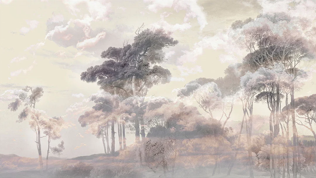 Nature wall mural with forest and clouds at sunset in warm tones