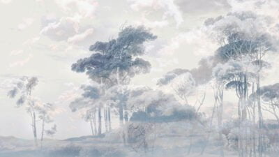 Nature wall mural with forest and clouds at sunset in cold tones