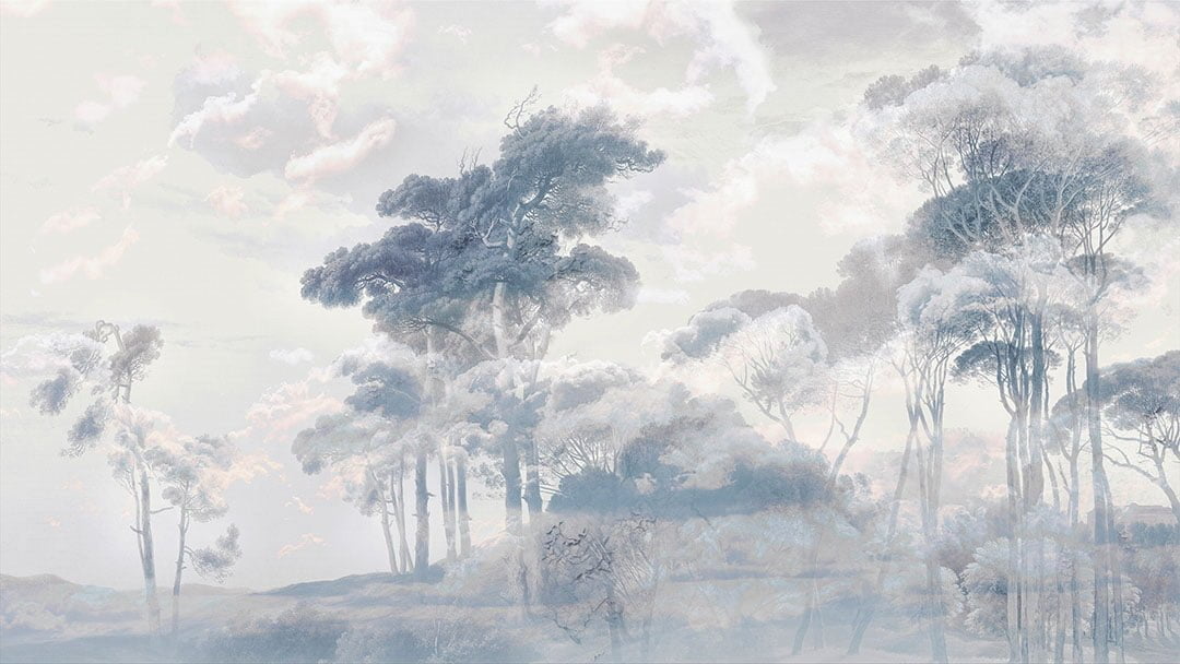 Nature wall mural with forest and clouds at sunset in cold tones