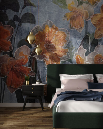 Orange lilies with graphic outline wall mural for the bedroom
