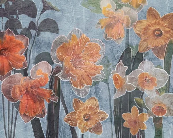 Designer wall mural with orange lilies with graphic outline on the textured blue background