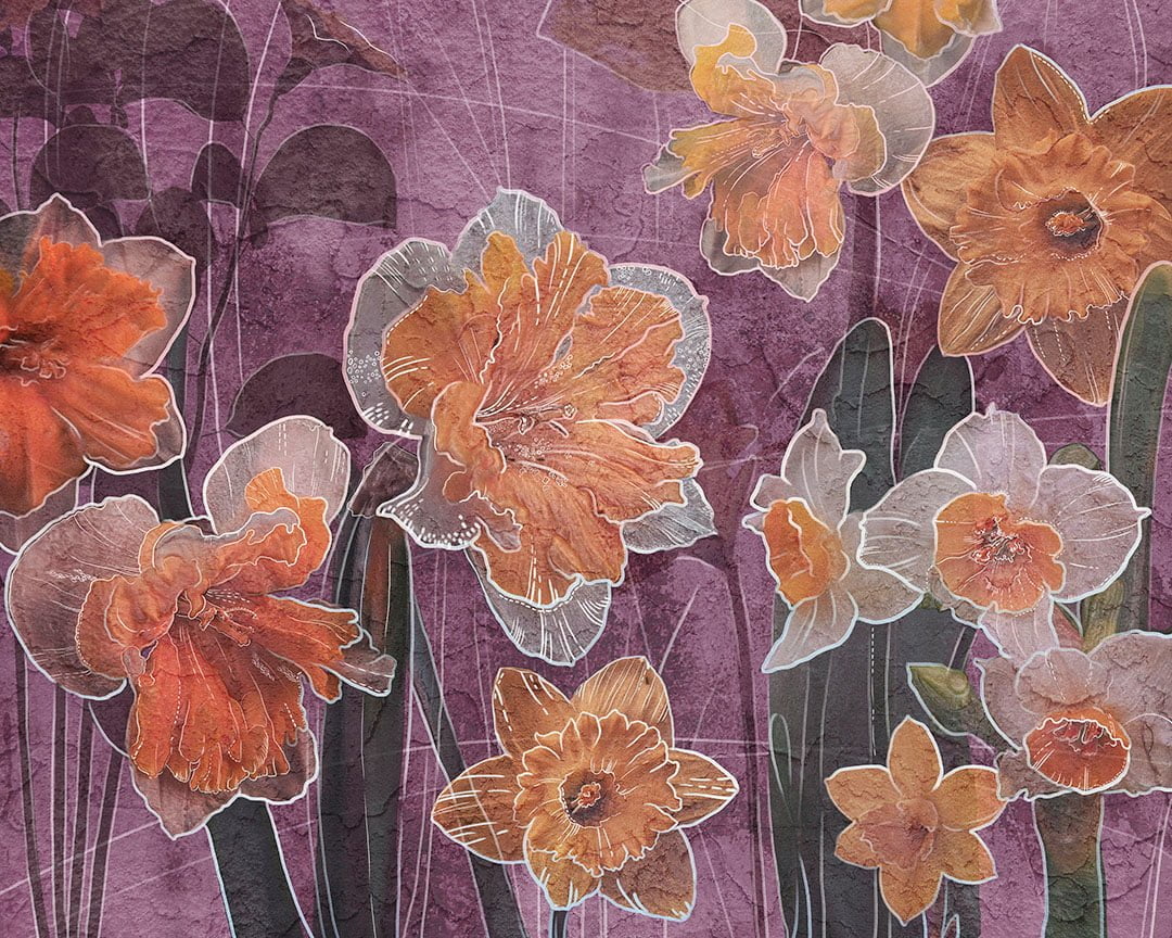 Designer wall mural with orange lilies with graphic outline on the textured pink background
