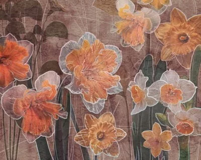 Designer wall mural with orange lilies with graphic outline on the textured brown background