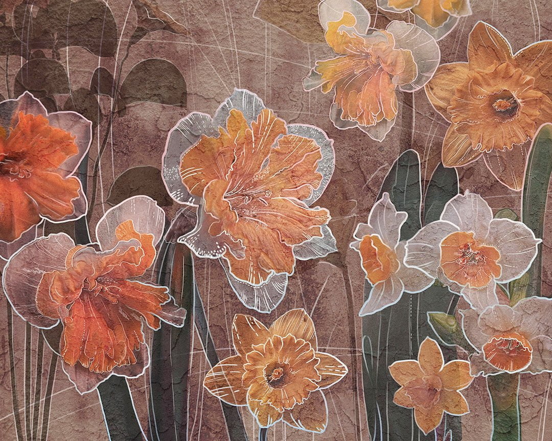 Designer wall mural with orange lilies with graphic outline on the textured brown background
