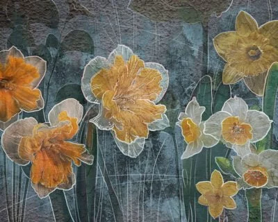 Designer wall mural with yellow lilies with graphic outline on the textured blue background