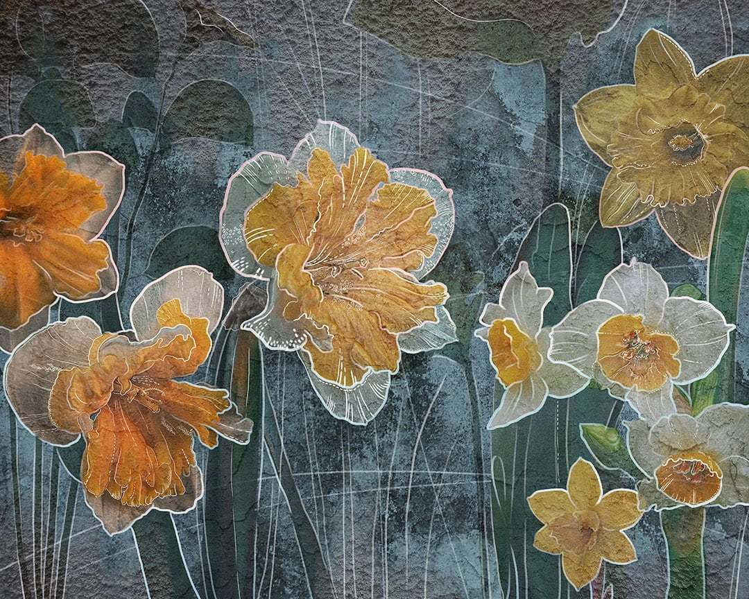 Designer wall mural with yellow lilies with graphic outline on the textured blue background