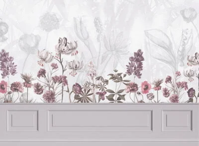 Designer wall mural with delicate flowers and gray stucco molding