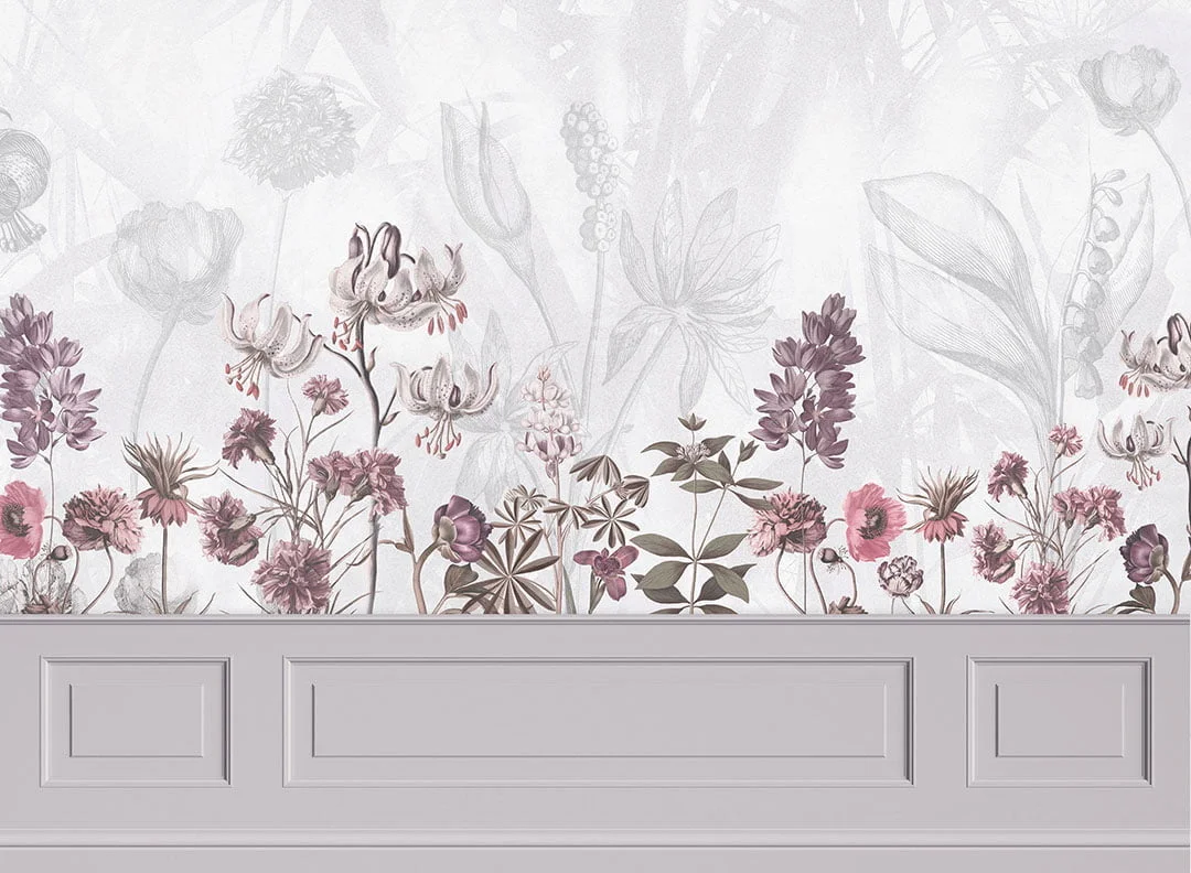 Designer wall mural with delicate flowers and gray stucco molding