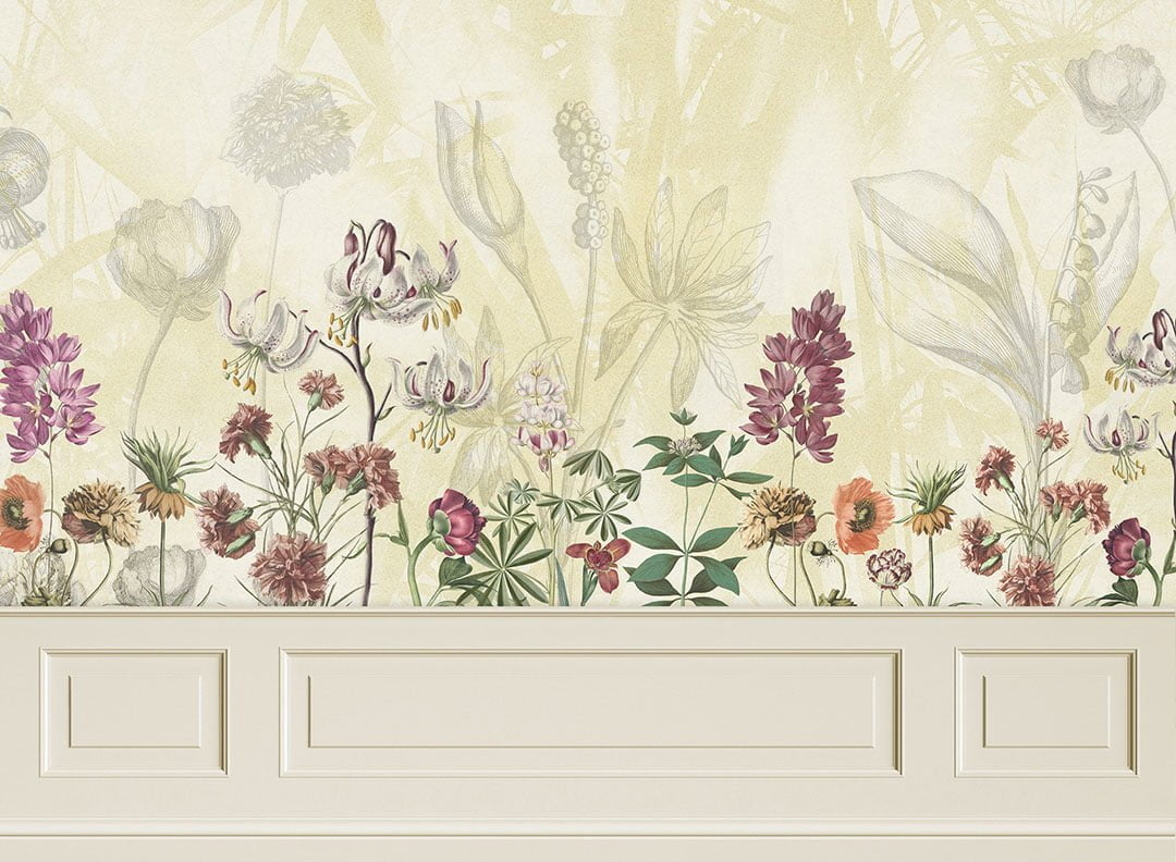Designer wall mural with delicate flowers and beige stucco molding