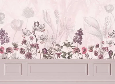 Designer wall mural with delicate flowers and purple stucco molding