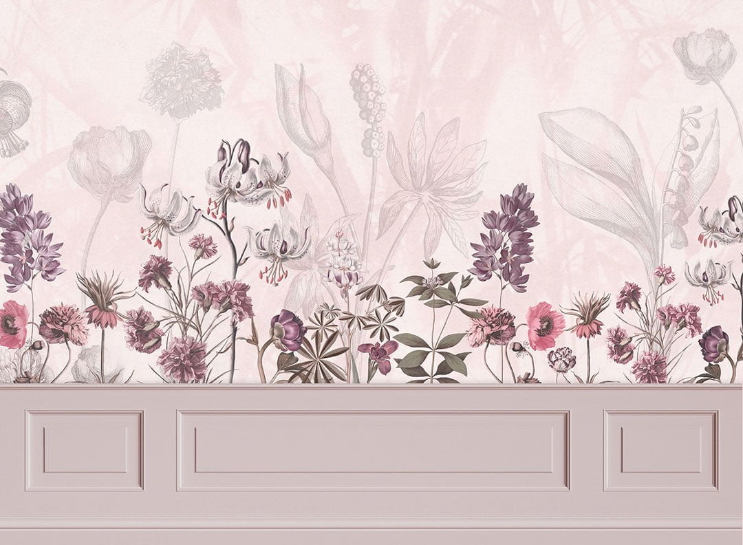 Designer wall mural with delicate flowers and purple stucco molding