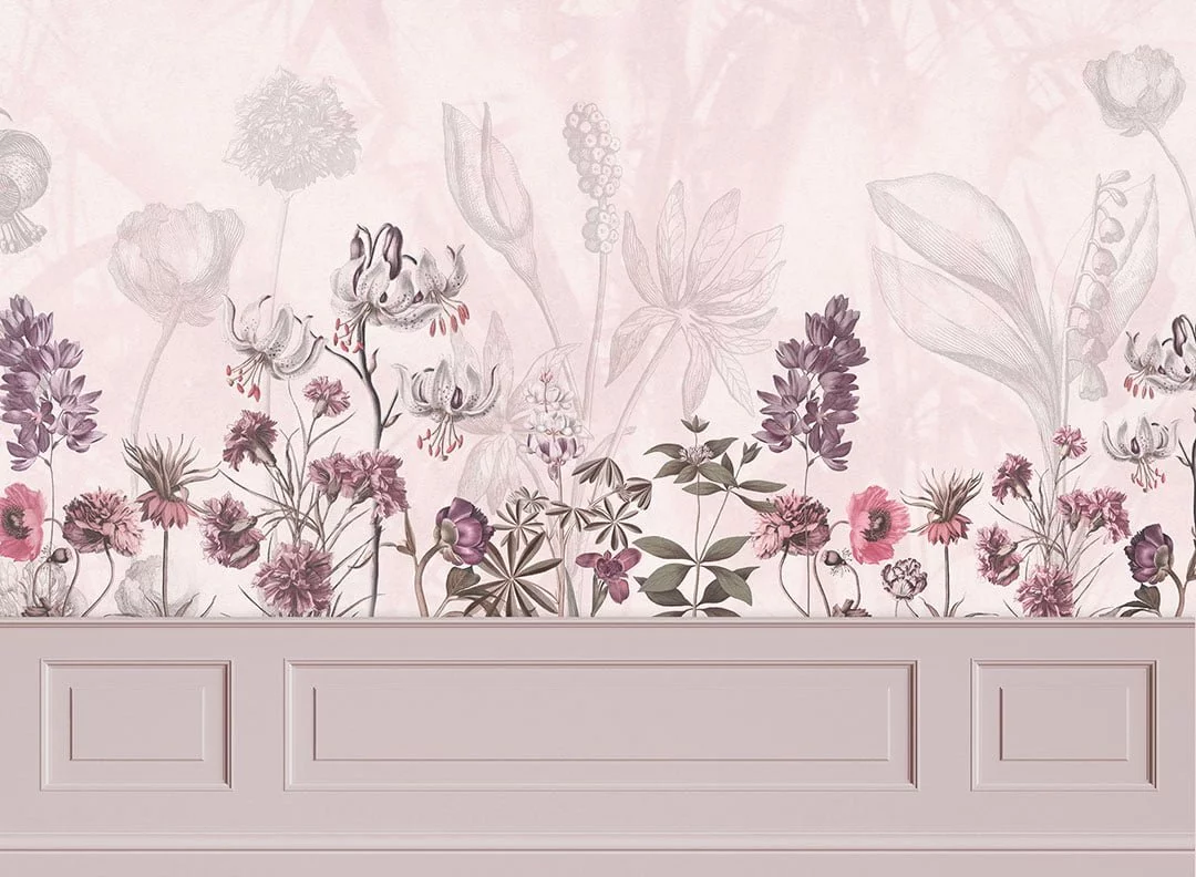 Designer wall mural with delicate flowers and purple stucco molding