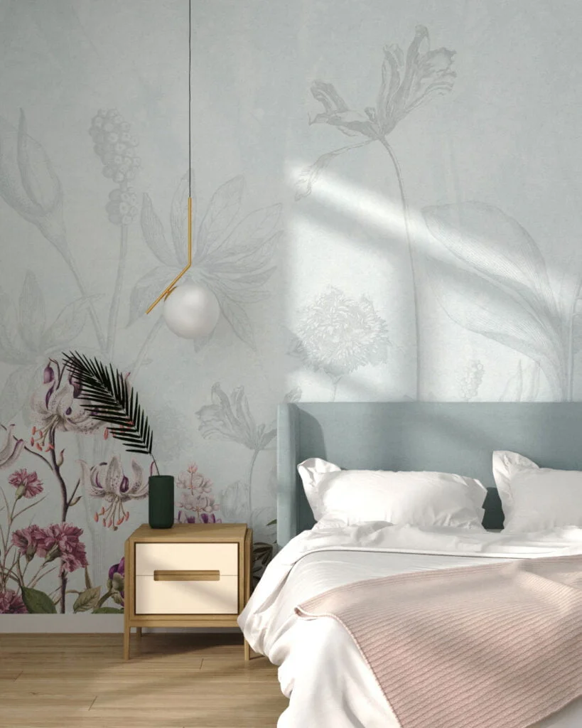 Wall Mural Garden for the bedroom - kith2kin.com Delicate flowers drawn in pencil wall mural for the bedroom