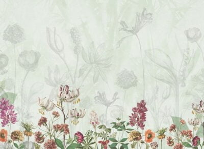 Delicate flowers drawn in pencil on the green background wall mural