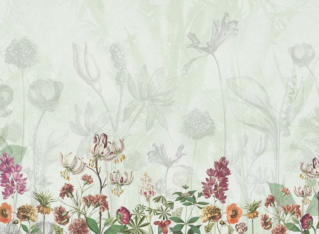 Delicate flowers drawn in pencil on the green background wall mural