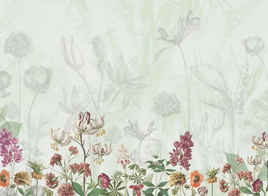 Delicate flowers drawn in pencil on the green background wall mural