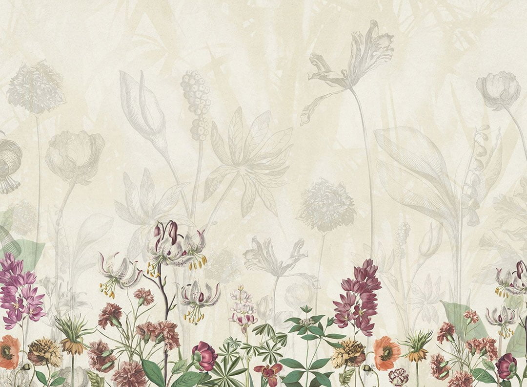 Delicate flowers drawn in pencil on the beige background wall mural