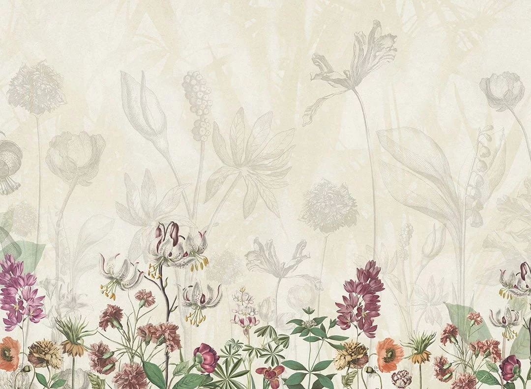 Delicate flowers drawn in pencil on the beige background wall mural