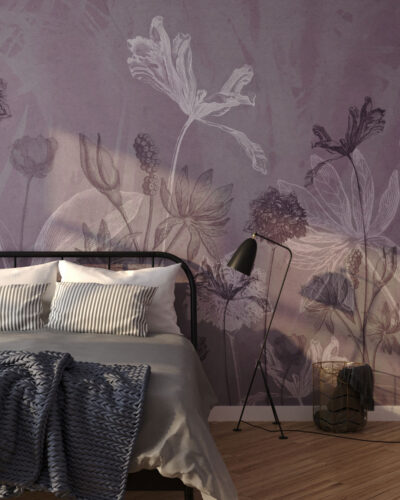 Delicate outlines of flowers on a pastel background wall mural for the bedroom