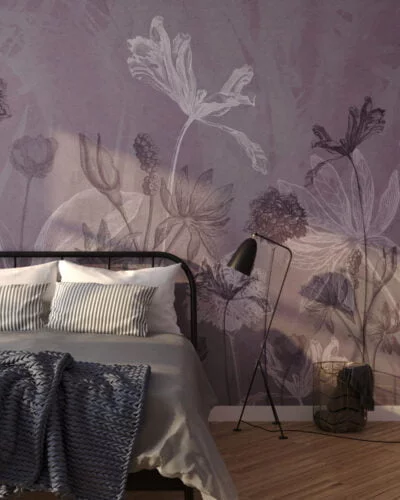 Delicate outlines of flowers wall mural for the bedroom