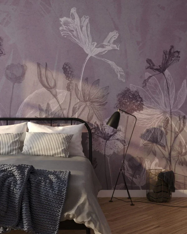 Delicate outlines of flowers wall mural for the bedroom