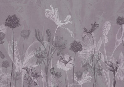 Delicate outlines of flowers on a purple background wall mural