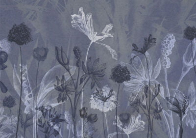 Flower wall mural with outlines of flowers on a blue background