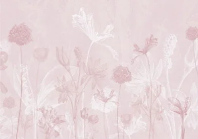 Flower wall mural with outlines of flowers on a pink background