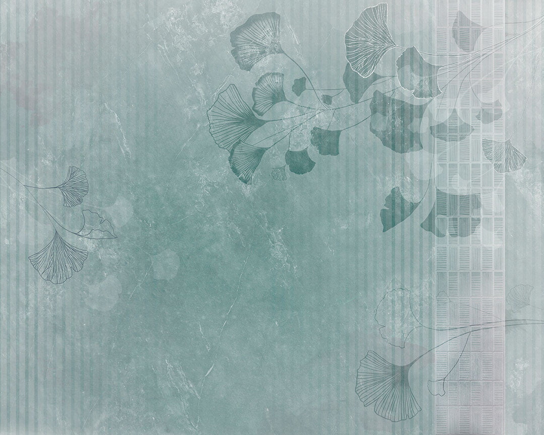 White Ginkgo leaves wall mural in Asian style on the blue striped background