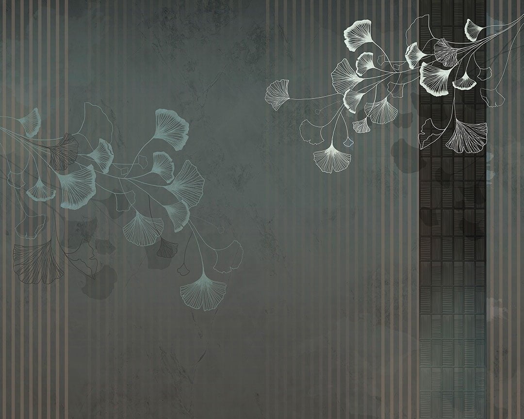 White Ginkgo leaves wall mural in Asian style on the gray striped background