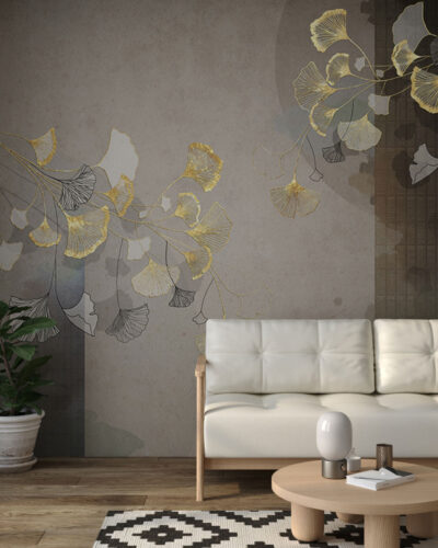 Golden Ginkgo leaves wall mural in Asian style for the living room