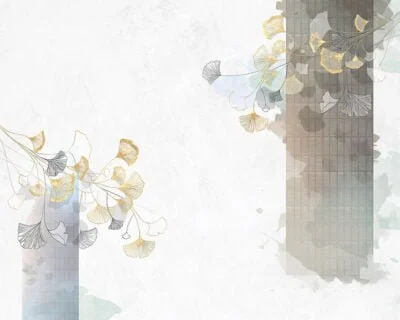 Golden Ginkgo leaves wall mural in Asian style on the light background