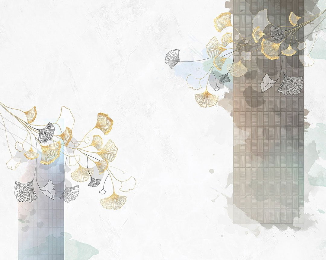 Golden Ginkgo leaves wall mural in Asian style on the light background