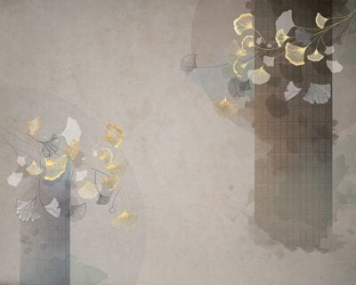 Golden Ginkgo leaves wall mural in Asian style on the beige background