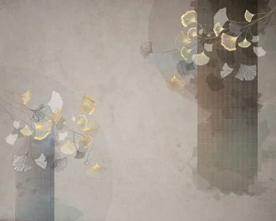 Golden Ginkgo leaves wall mural in Asian style on the beige background