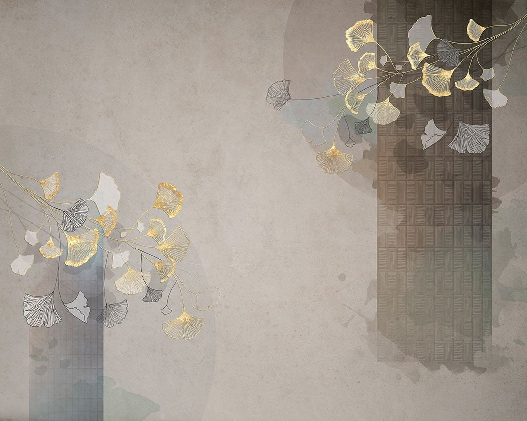 Golden Ginkgo leaves wall mural in Asian style on the beige background