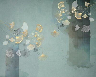 Golden Ginkgo leaves wall mural in Asian style on the turquoise background