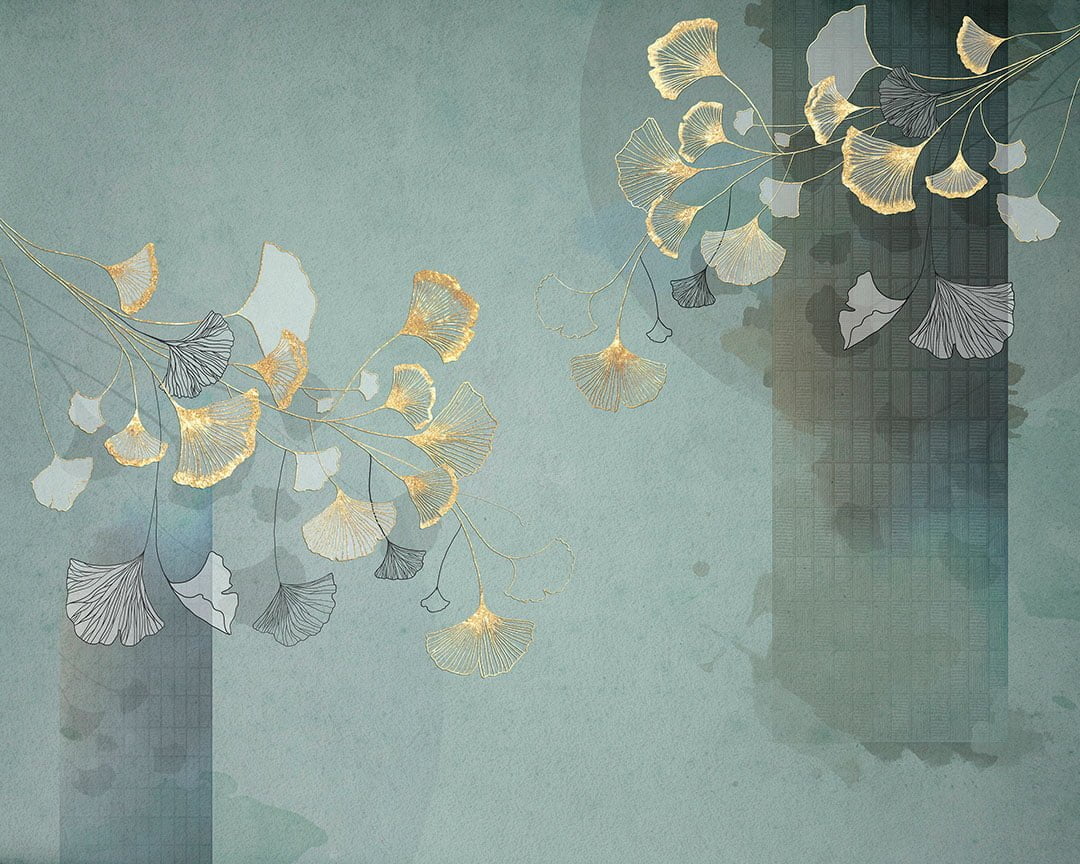 Golden Ginkgo leaves wall mural in Asian style on the turquoise background